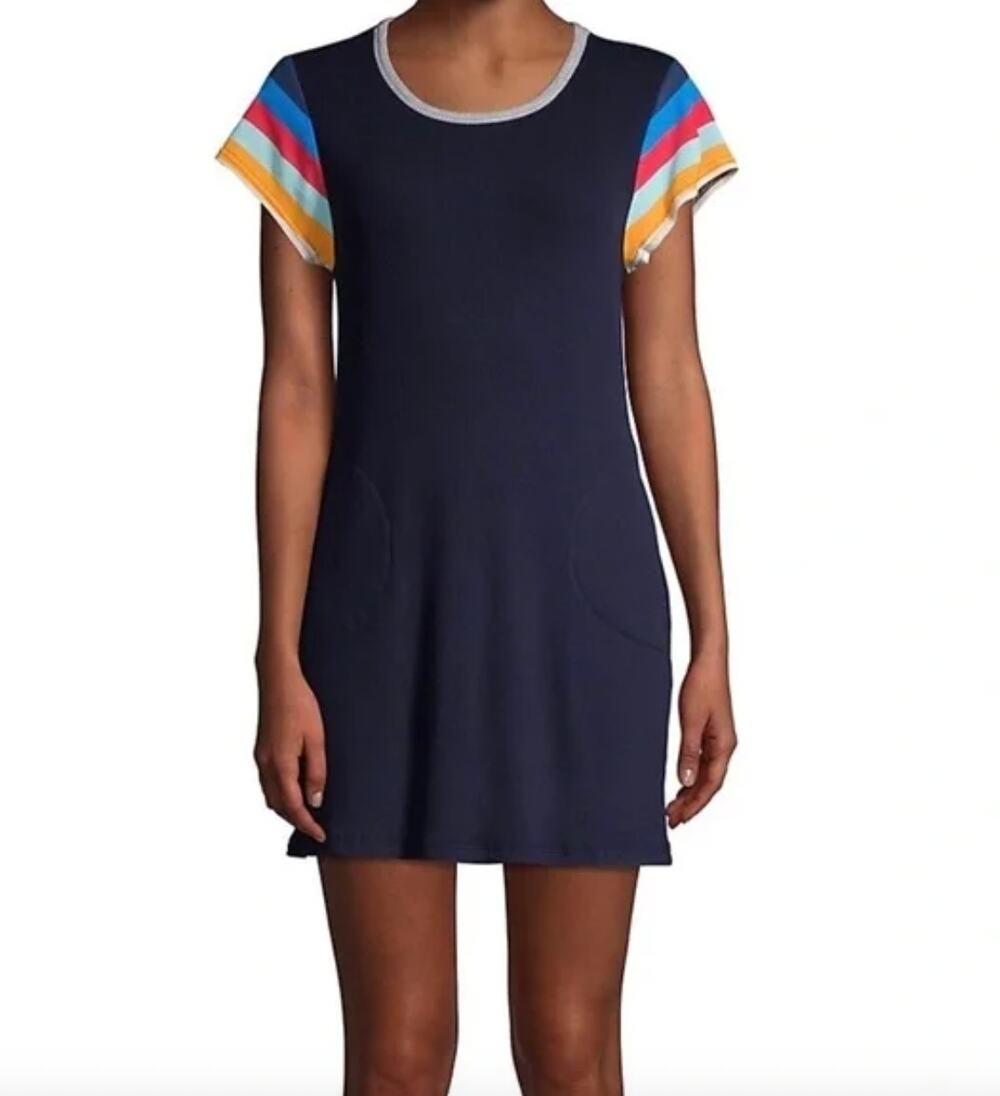 Splendid x Gray Malin Navy T-Shirt Dress Ribbed Knit Short Sleeve Size Large L